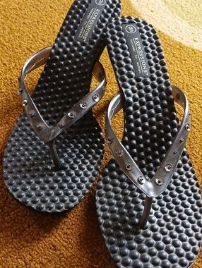 Expressions Black Textured Flip Flops with Silver Studded Straps
